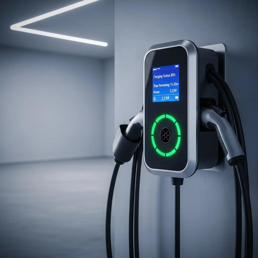 Close-up of a Level 2 EV charger highlighting smart technology features in a garage setting