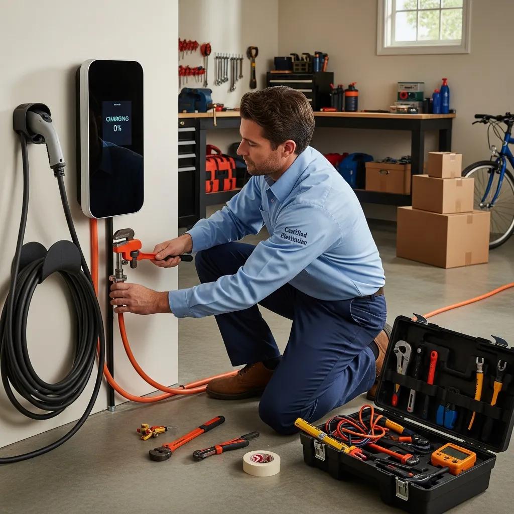 Electrician installing a Level 2 EV charger in a residential garage, showcasing the installation process