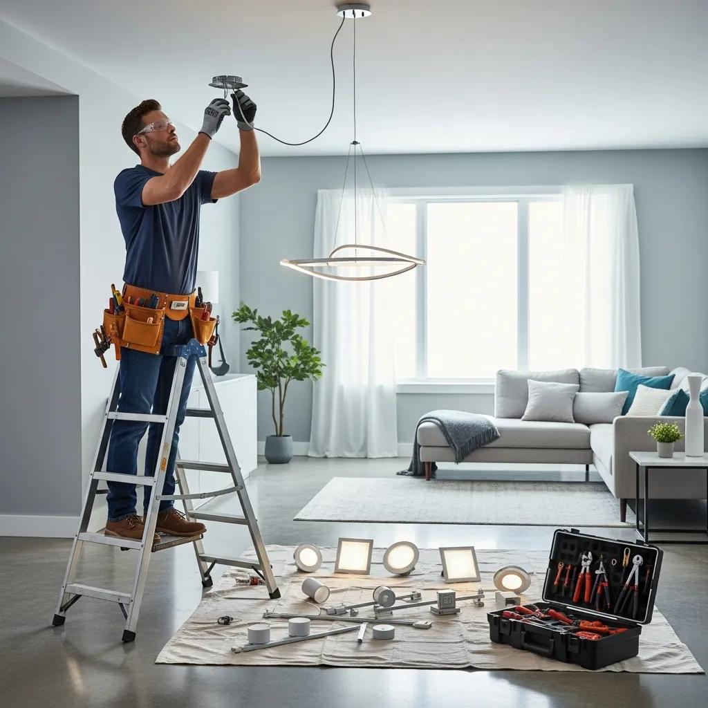 Electrician installing modern lighting fixtures in a stylish residential living room