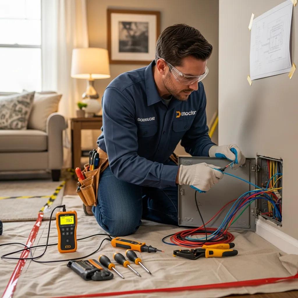 Electrician performing home rewiring in a cozy living room, emphasizing safety and professionalism