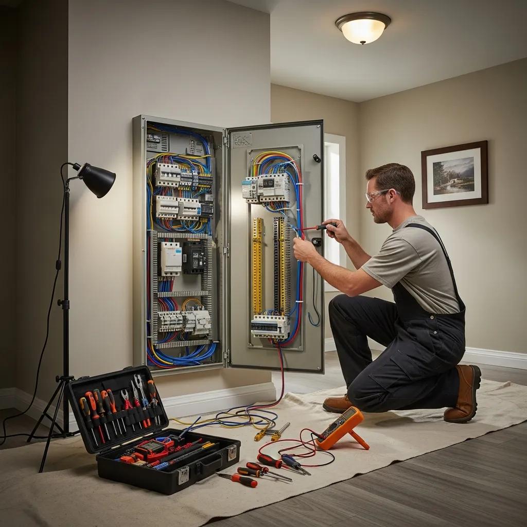 Electrician upgrading an electrical panel, showcasing modern wiring and safety practices