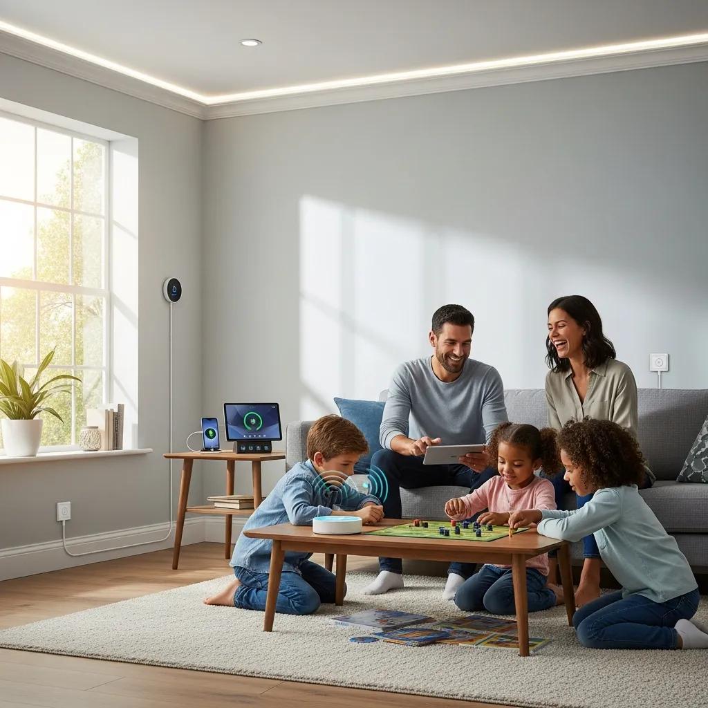 Family enjoying a modern home with smart devices and energy-efficient lighting, highlighting the benefits of professional rewiring