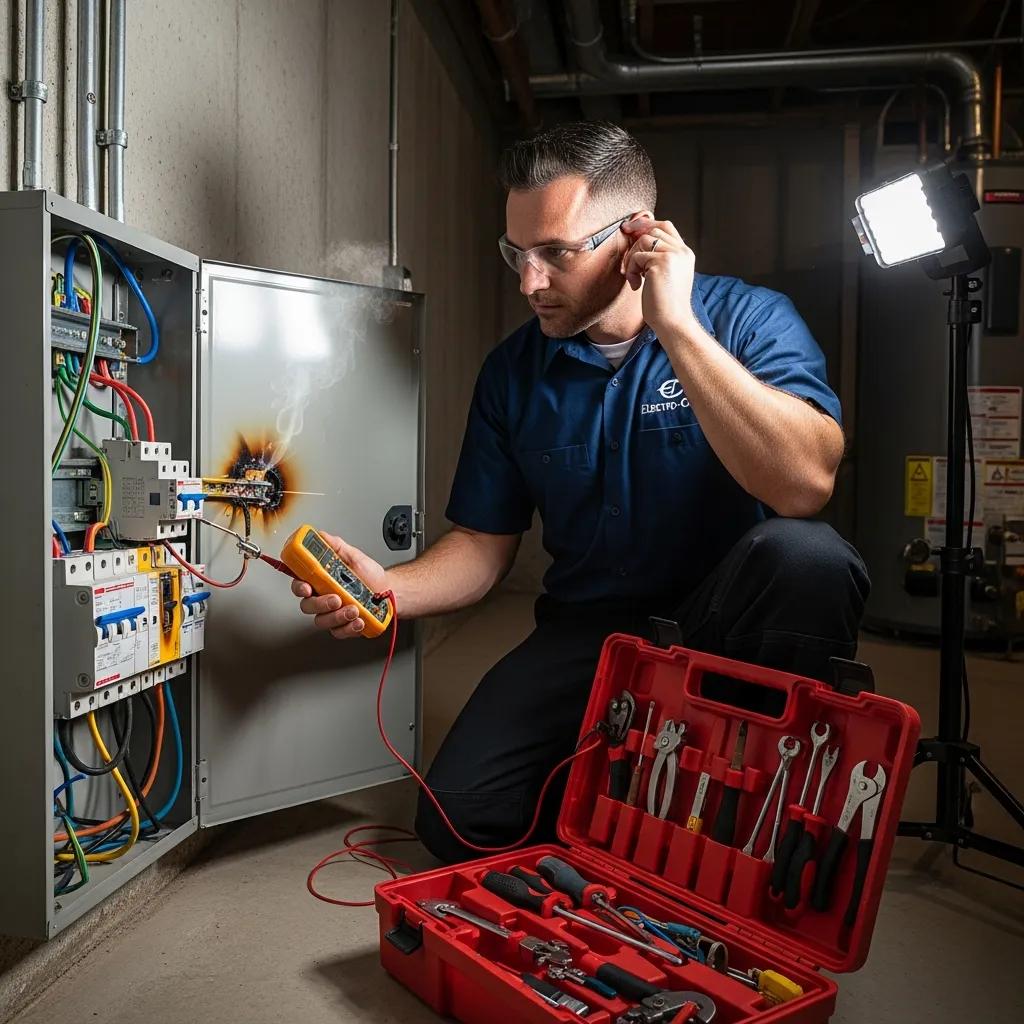 Licensed electrician inspecting a circuit breaker box for signs of failure
