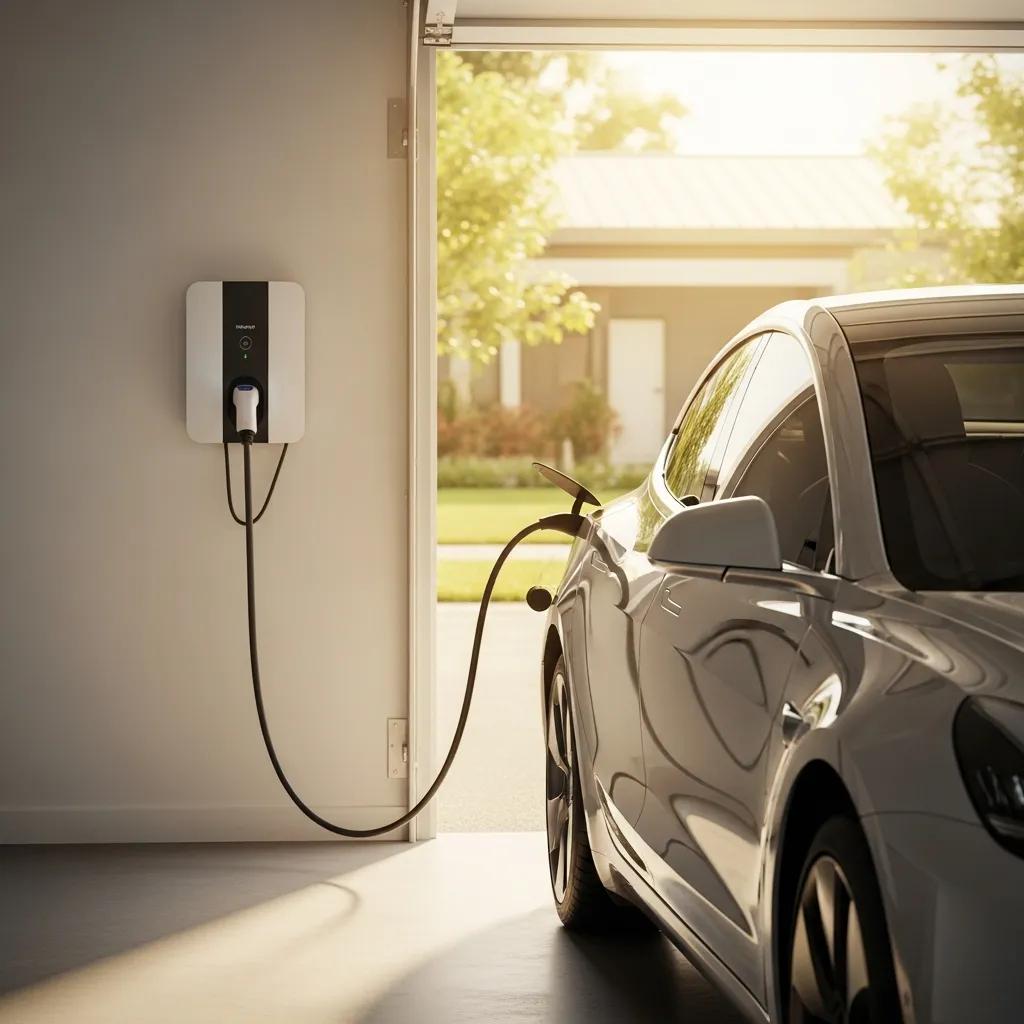 Residential EV charger installation showcasing a modern home garage with an electric vehicle
